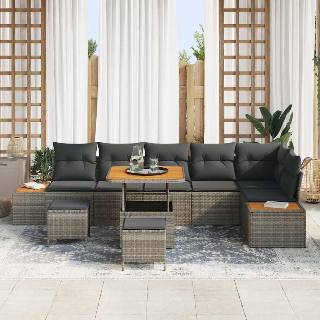 Set Divano da Giardino con cuscino 9 pcs Grigio Poly Rattan | homemem39