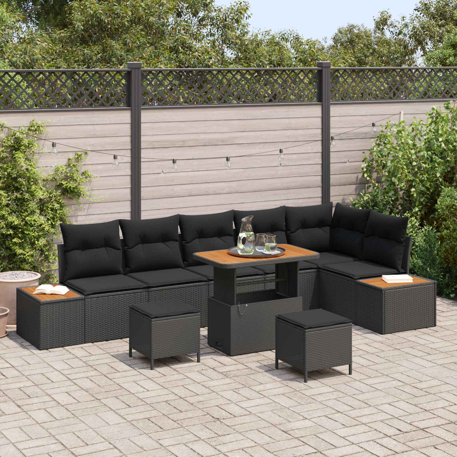 Set Divano da Giardino con cuscino 9 pcs Nero Poly Rattan | homemem39