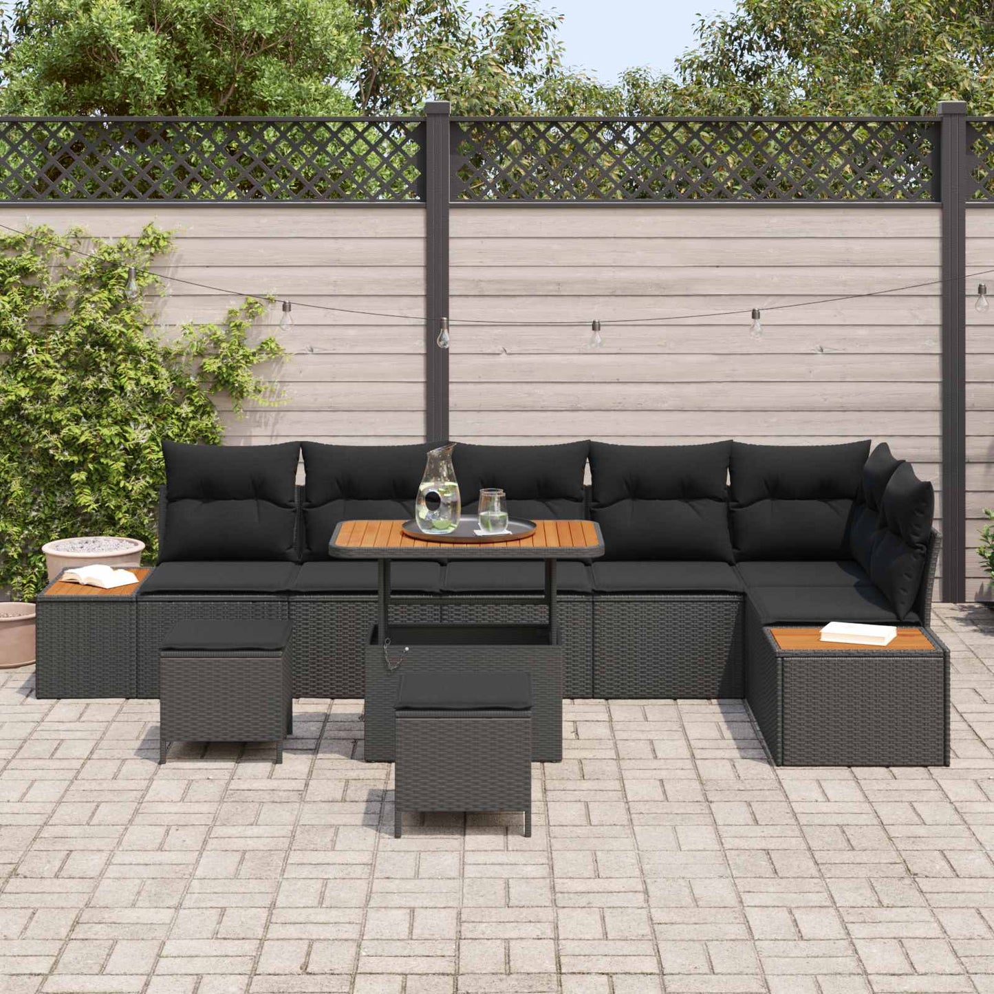 Set Divano da Giardino con cuscino 9 pcs Nero Poly Rattan | homemem39