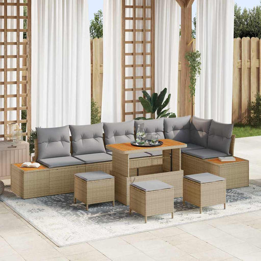 Set Divano da Giardino con cuscino 10 pcs Beige Poly Rattan
