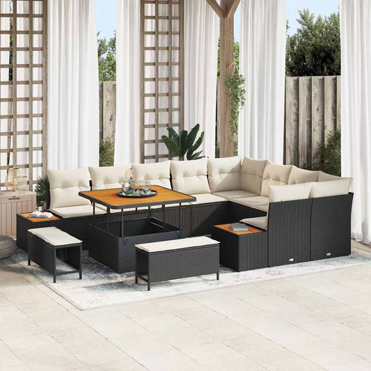 Set Divano da Giardino con cuscino 12 pcs Nero Poly Rattan
