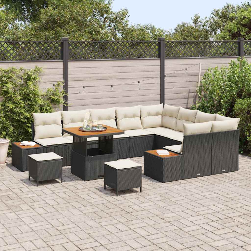 Set Divano da Giardino con cuscino 12 pcs Nero Poly Rattan | homemem39