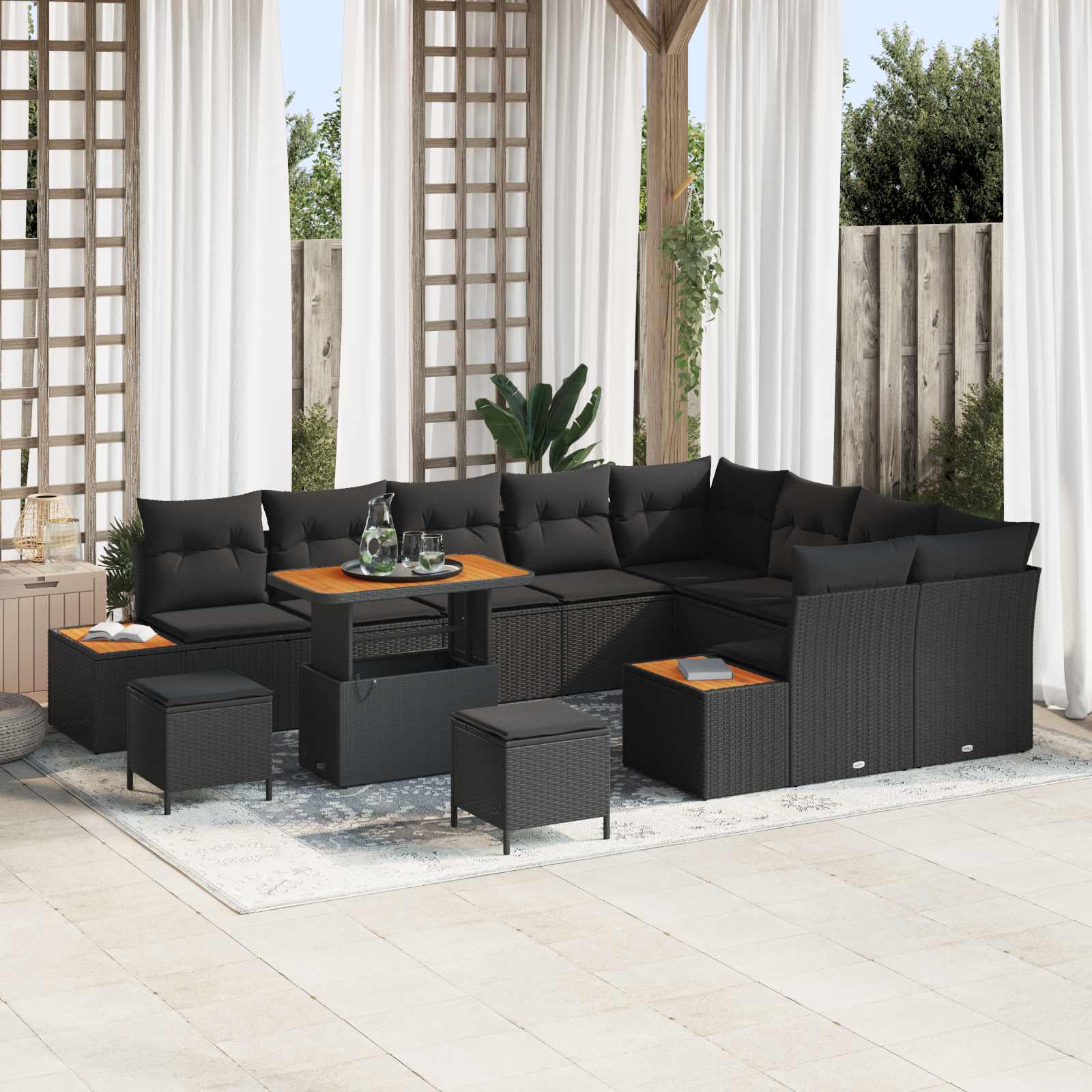 Set Divano da Giardino con cuscino 12 pcs Nero Poly Rattan | homemem39