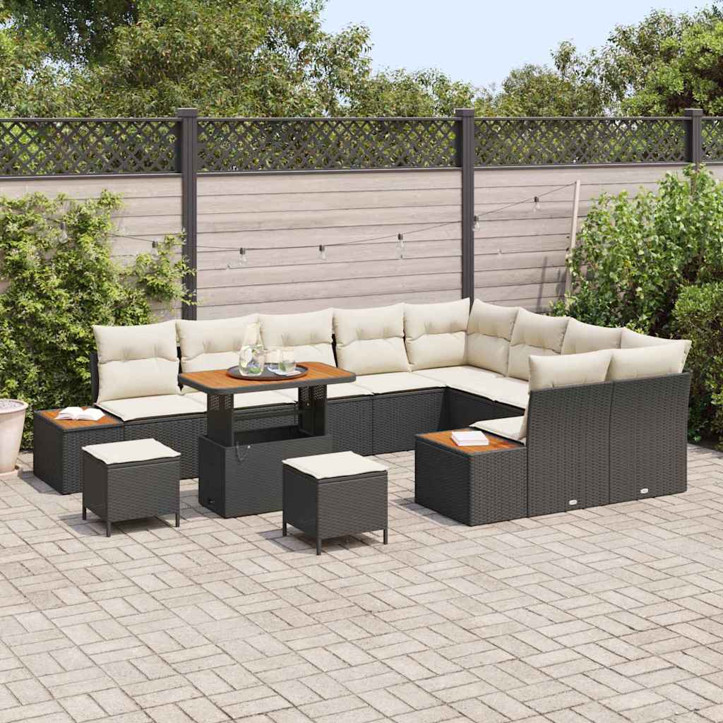 Set Divano da Giardino con cuscino 12 pcs Nero Poly Rattan | homemem39