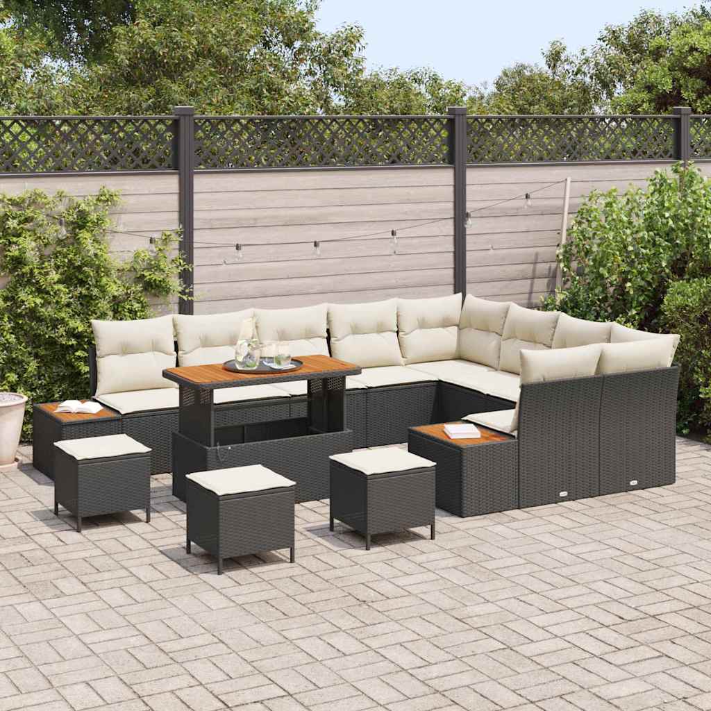Set Divano da Giardino con cuscino 13 pcs Nero Poly Rattan | homemem39