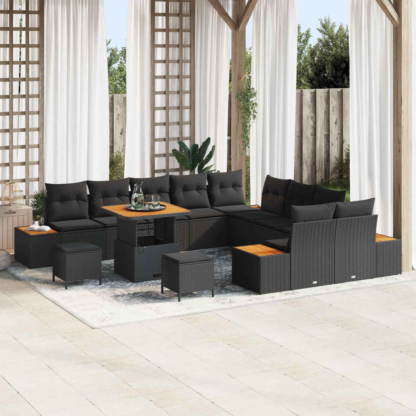 Set Divano da Giardino con cuscino 13 pcs Nero Poly Rattan | homemem39