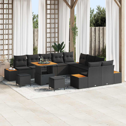 Set Divano da Giardino con cuscino 13 pcs Nero Poly Rattan | homemem39