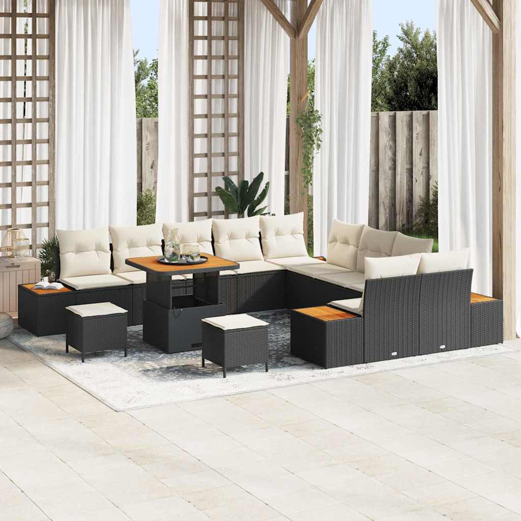 Set Divano da Giardino con cuscino 13 pcs Nero Poly Rattan | homemem39