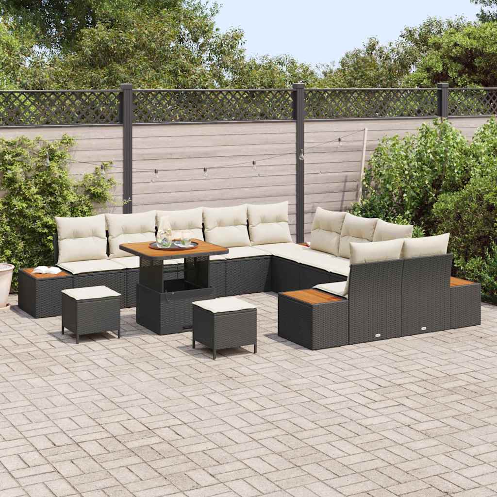 Set Divano da Giardino con cuscino 13 pcs Nero Poly Rattan | homemem39