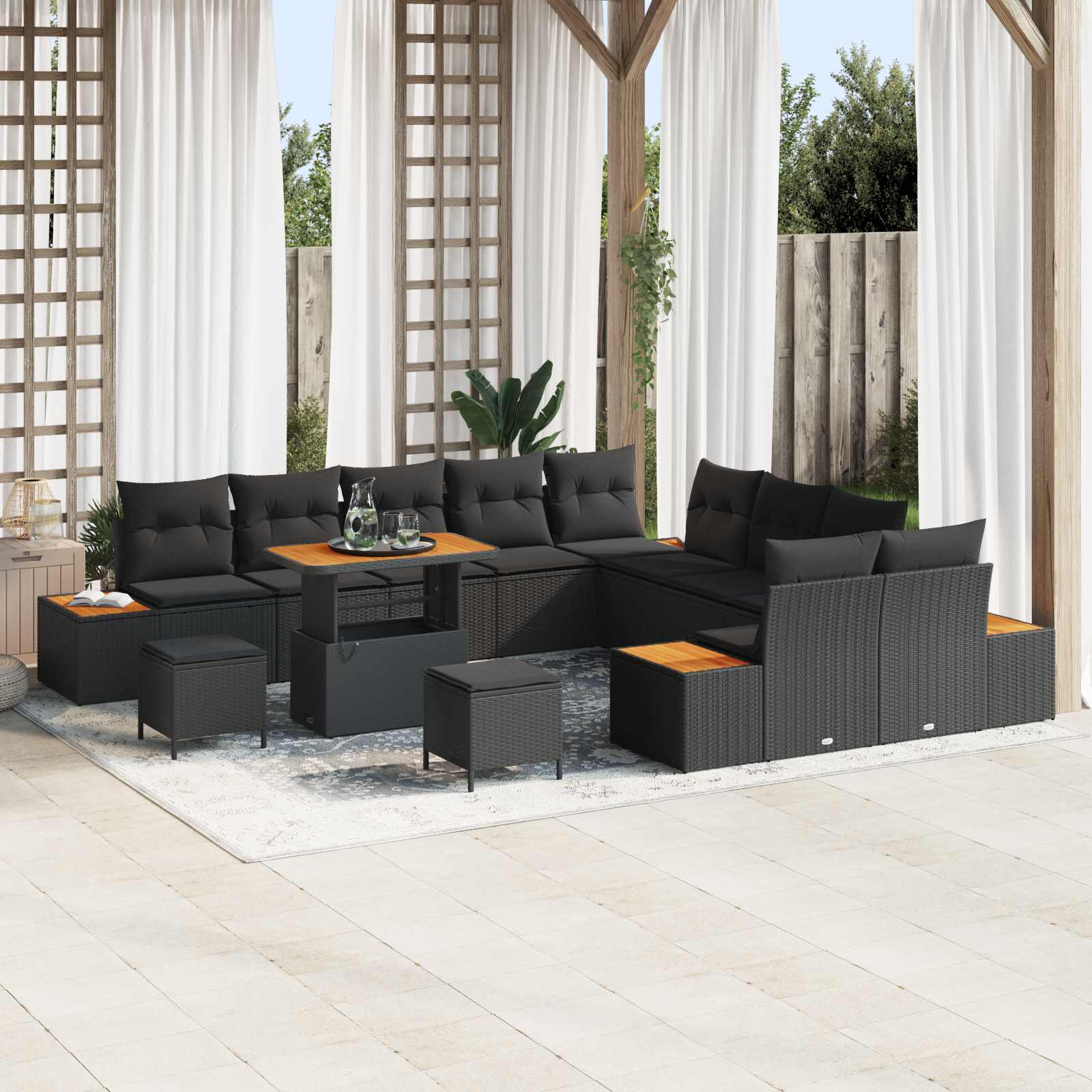 Set Divano da Giardino con cuscino 13 pcs Nero Poly Rattan | homemem39
