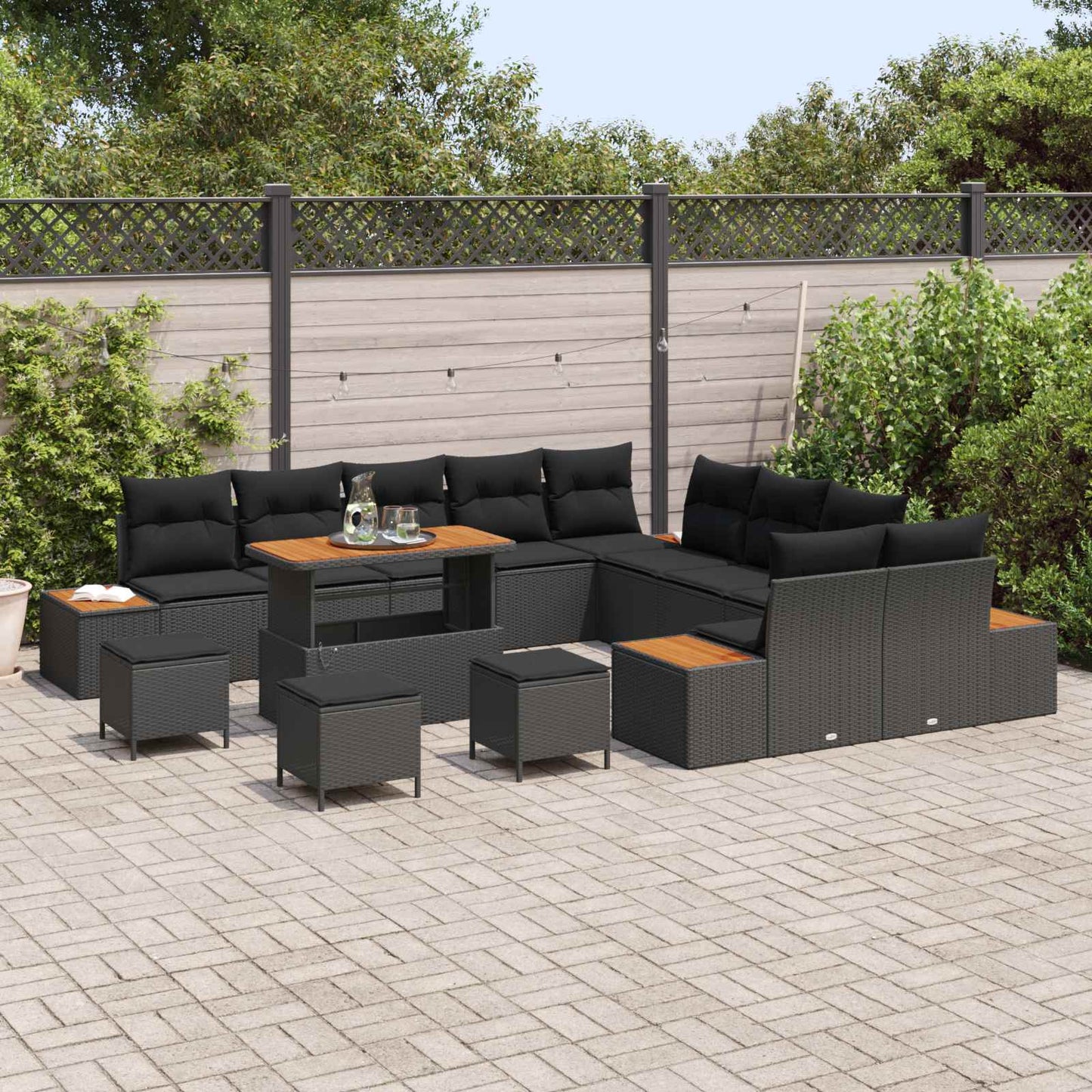 Set Divano da Giardino con cuscino 14 pcs Nero Poly Rattan | homemem39