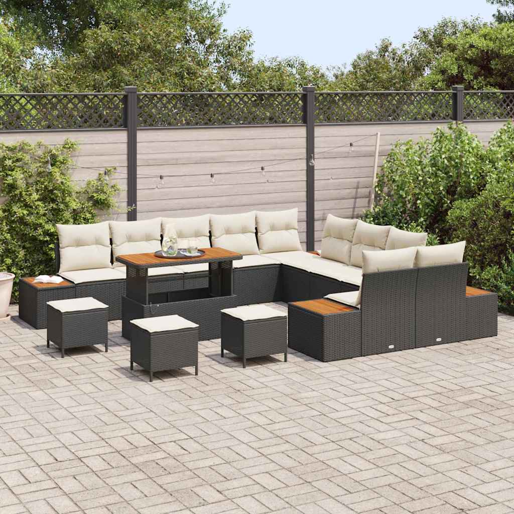 Set Divano da Giardino con cuscino 14 pcs Nero Poly Rattan | homemem39