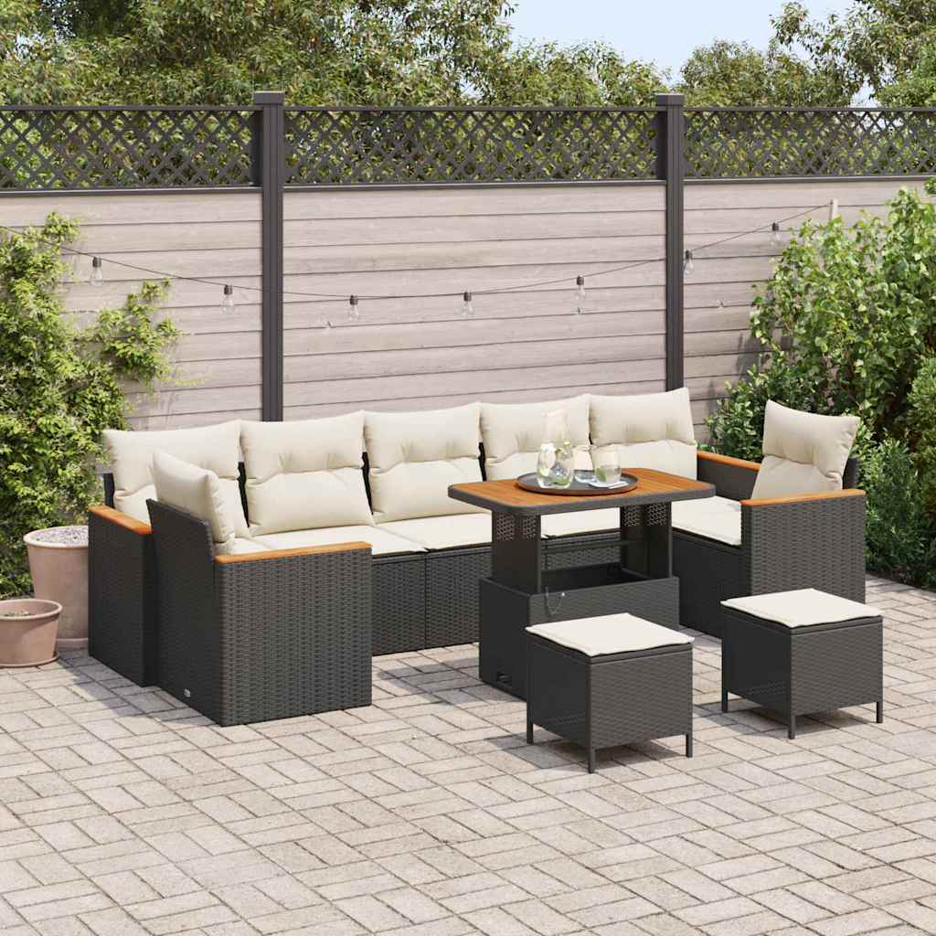 Set Divano da Giardino con cuscino 10 pcs Nero Poly Rattan | homemem39