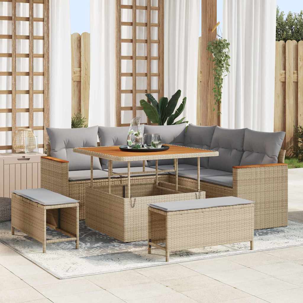 Set Divano da Giardino con cuscino 8 pcs Beige Poly Rattan