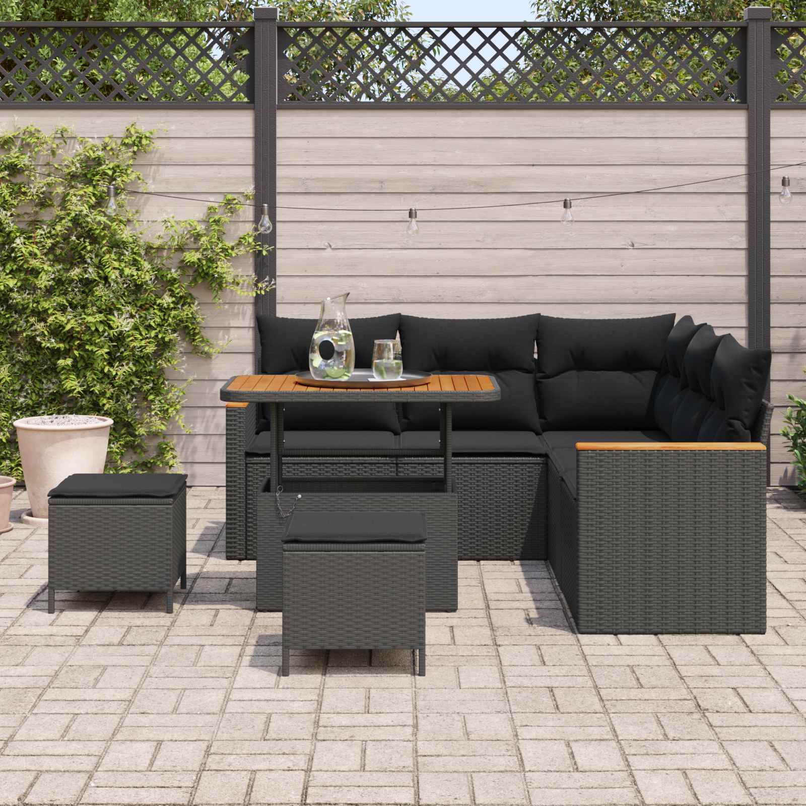 Set Divano da Giardino con cuscino 8 pcs Nero Poly Rattan | homemem39