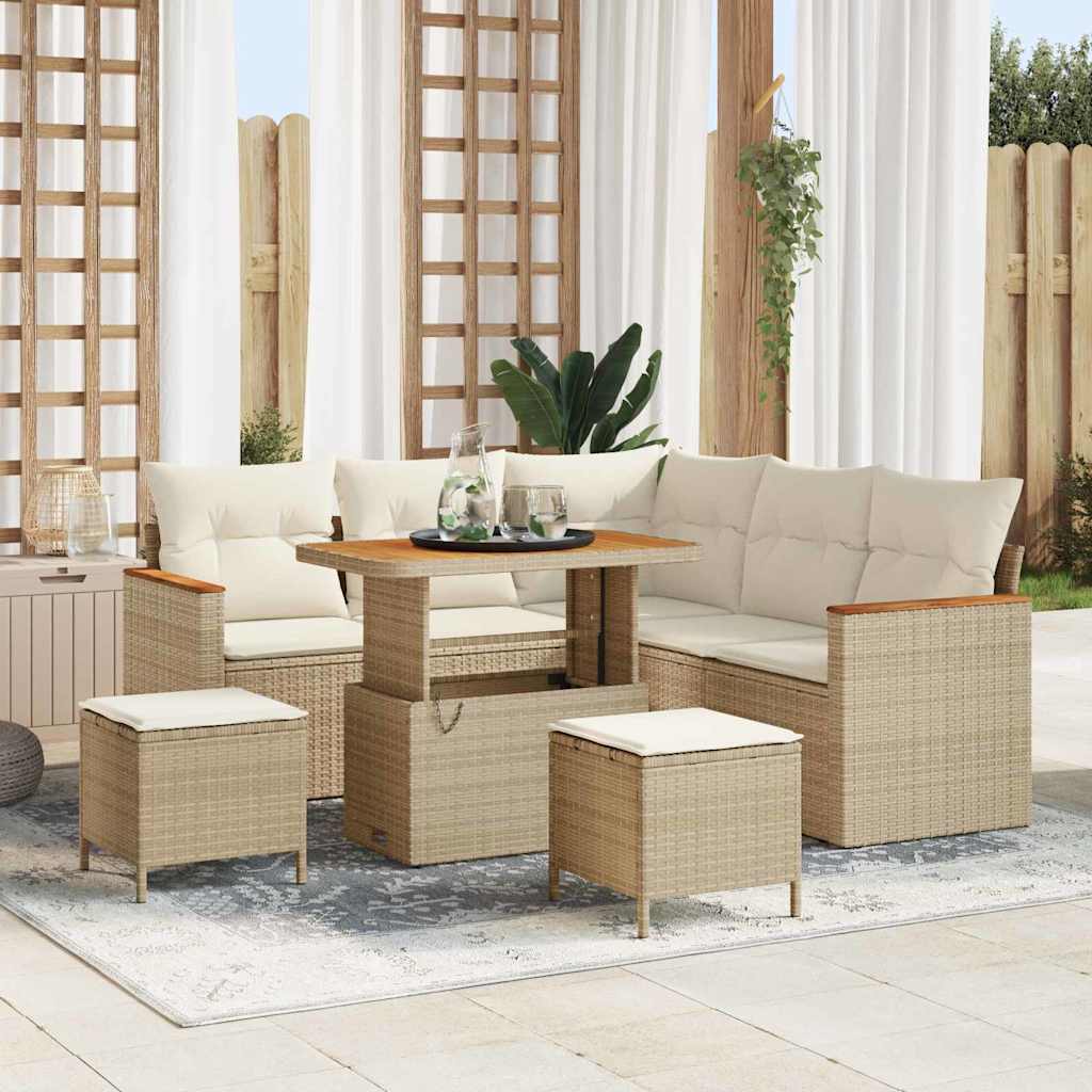 Set Divano da Giardino 8 pz 5-Numero di posti Beige Poly Rattan