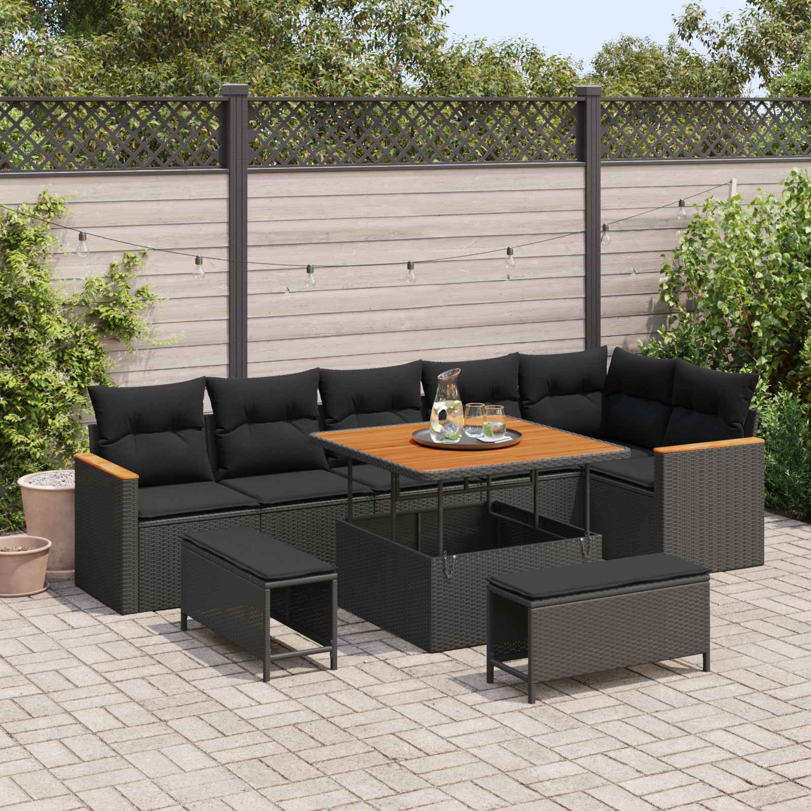 Set Divano da Giardino con cuscino 9 pcs Nero Poly Rattan | homemem39