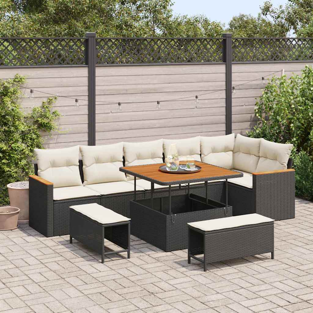 Set Divano da Giardino con cuscino 9 pcs Nero Poly Rattan | homemem39