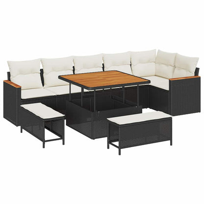 Set Divano da Giardino con cuscino 9 pcs Nero Poly Rattan | homemem39