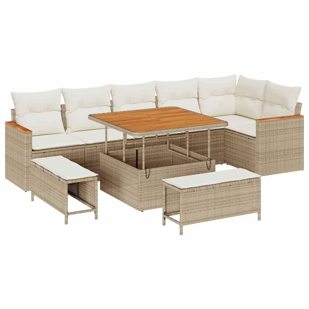 Set Divano da Giardino con cuscino 9 pcs Beige Poly Rattan
