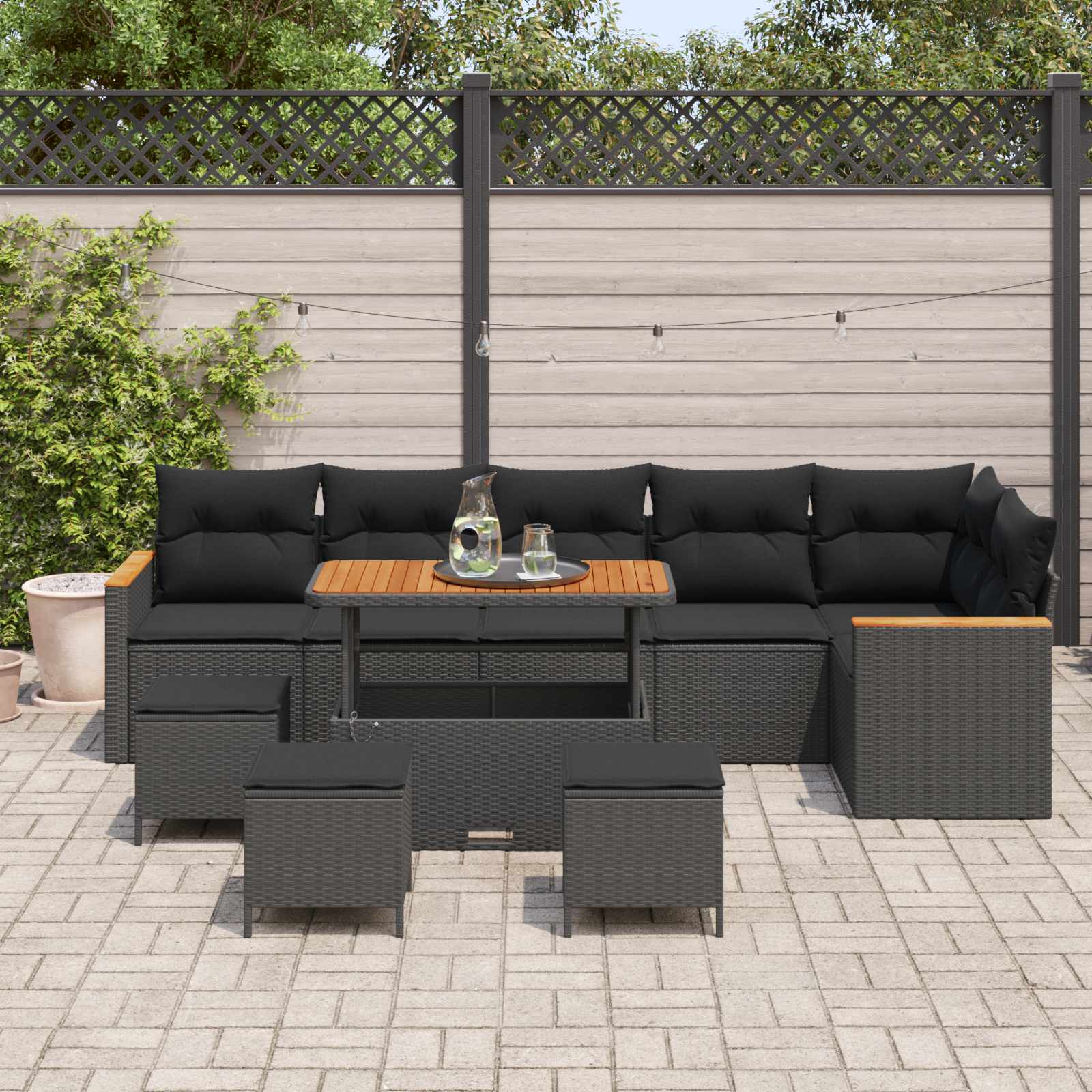 Set Divano da Giardino con cuscino 10 pcs Nero Poly Rattan | homemem39