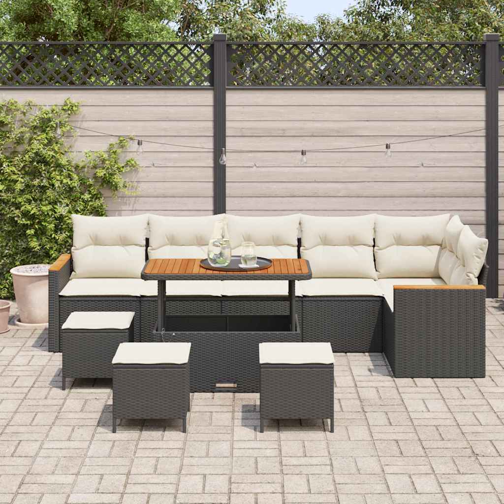 Set Divano da Giardino con cuscino 10 pcs Nero Poly Rattan | homemem39