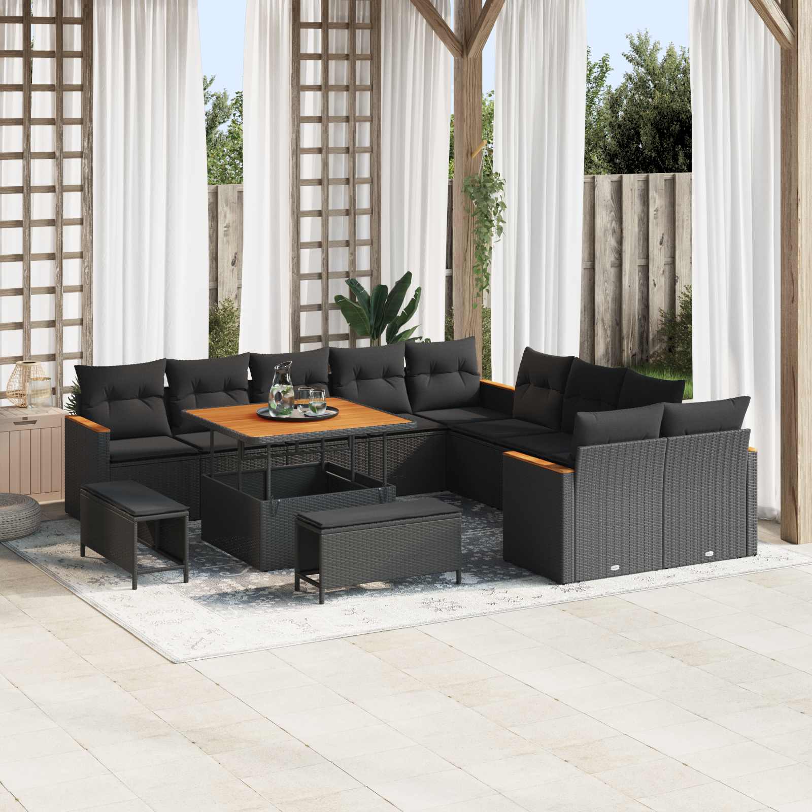 Set Divano da Giardino con cuscino 13 pcs Nero polyrattan | homemem39