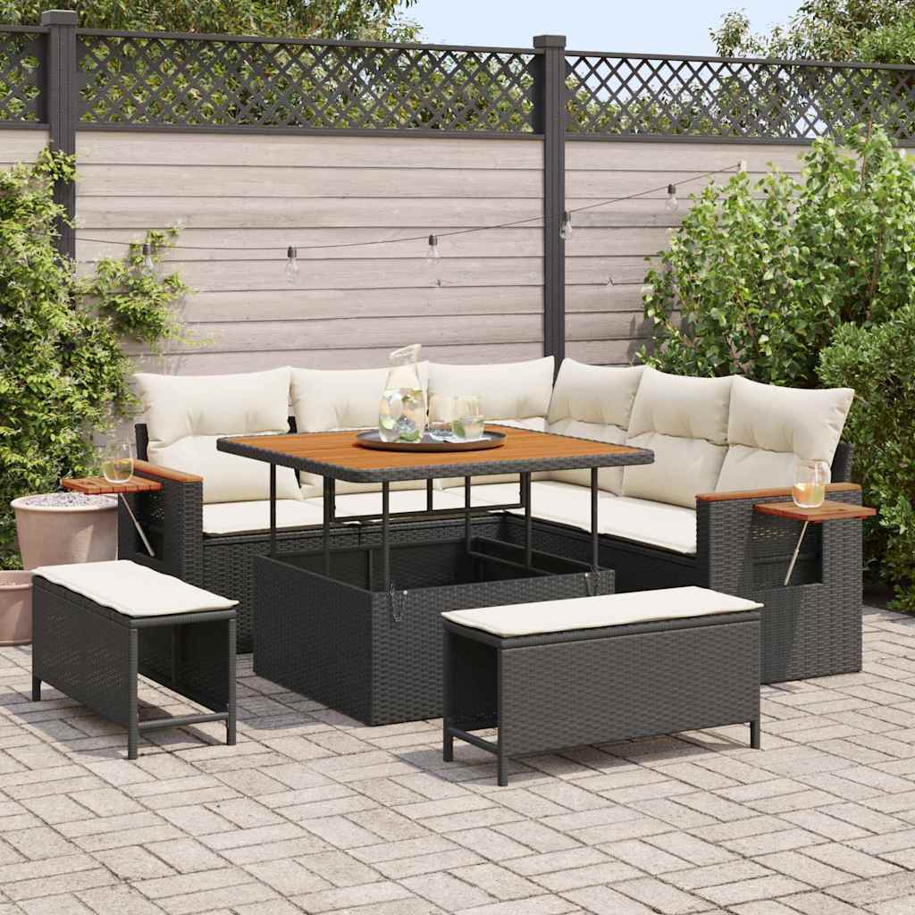 Set Divano da Giardino 9 pcs Nero e Crema polyrattan | homemem39