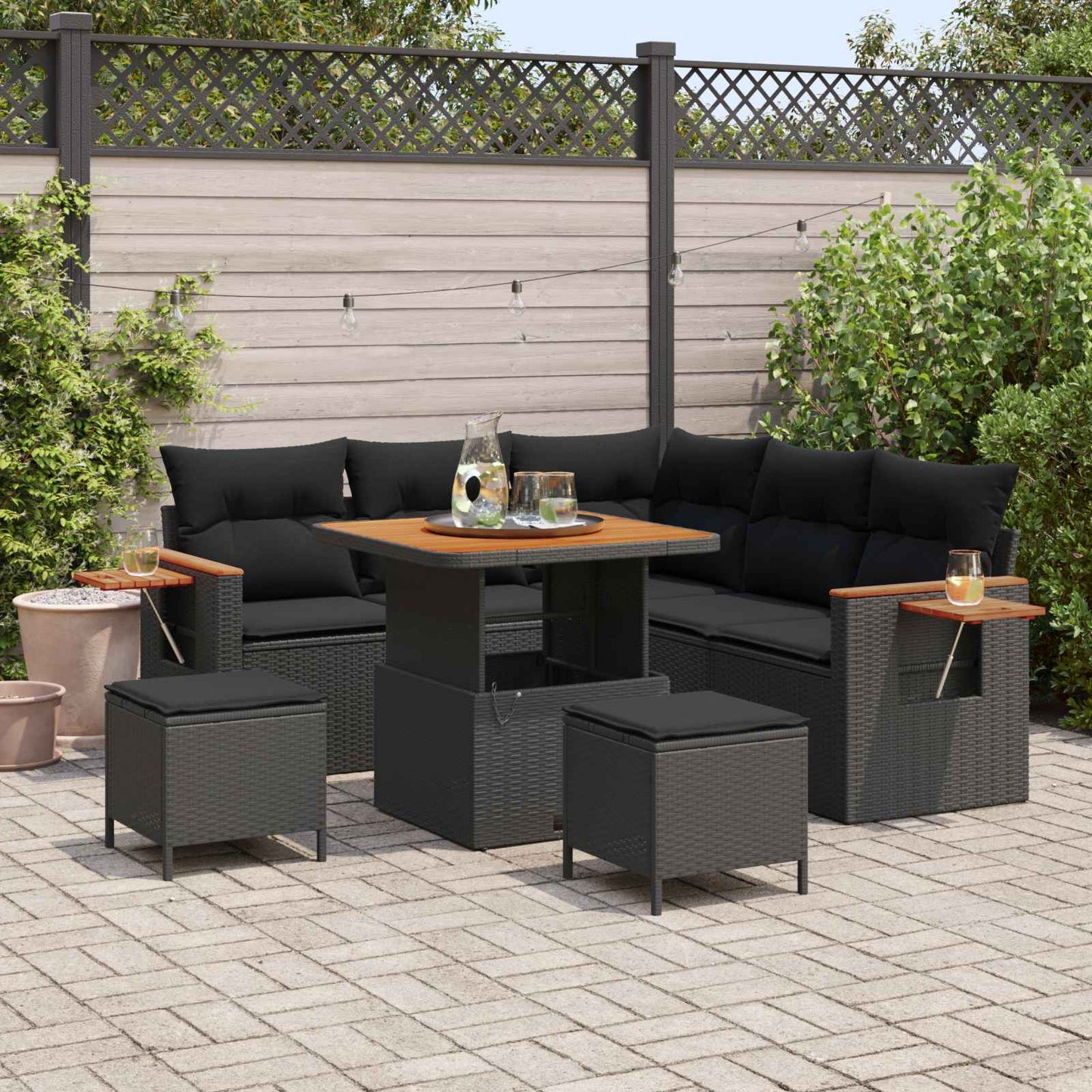 Set Divano da Giardino con cuscino 9 pcs Nero polyrattan | homemem39