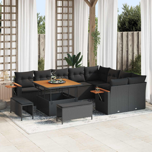Set Divano da Giardino con cuscino 13 pcs Nero polyrattan