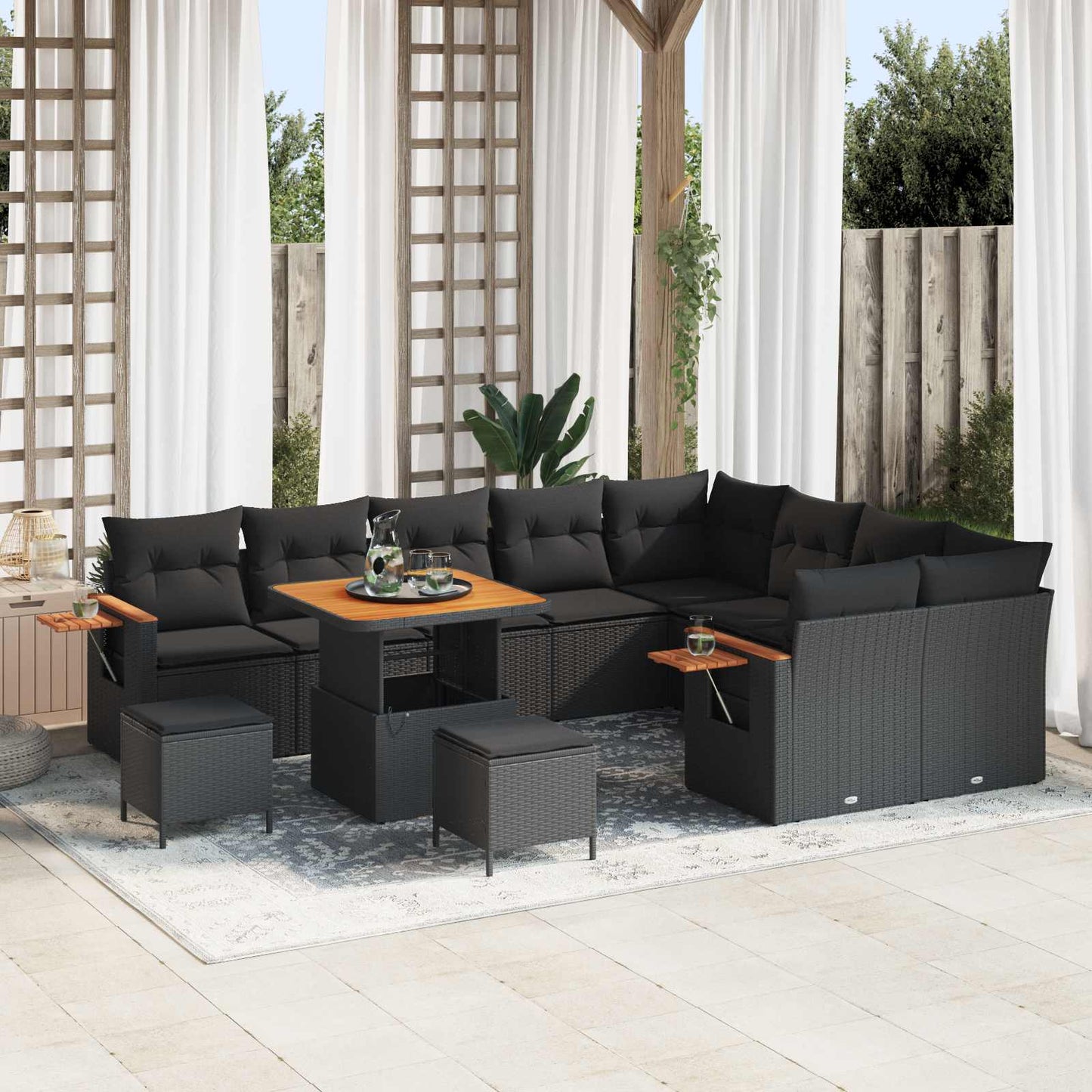 Set Divano da Giardino con cuscino 13 pcs Nero polyrattan