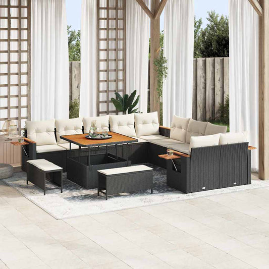 Set Divano da Giardino 17 pcs Nero e Crema polyrattan
