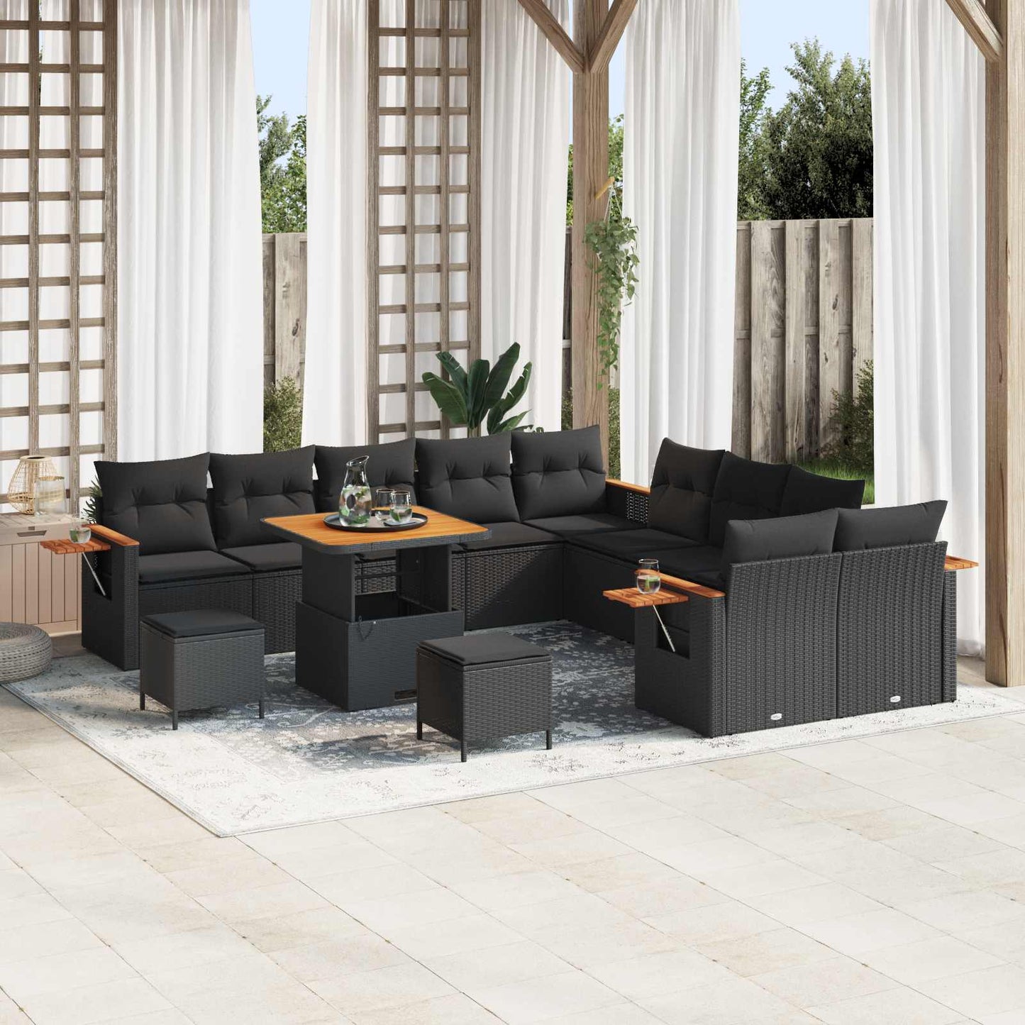 Set Divano da Giardino con cuscino 17 pcs Nero polyrattan | homemem39