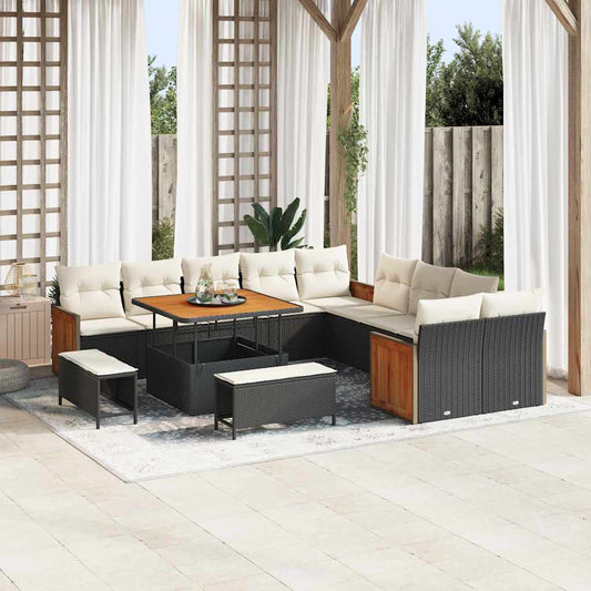 Set Divano da Giardino 17 pcs Nero e Crema polyrattan