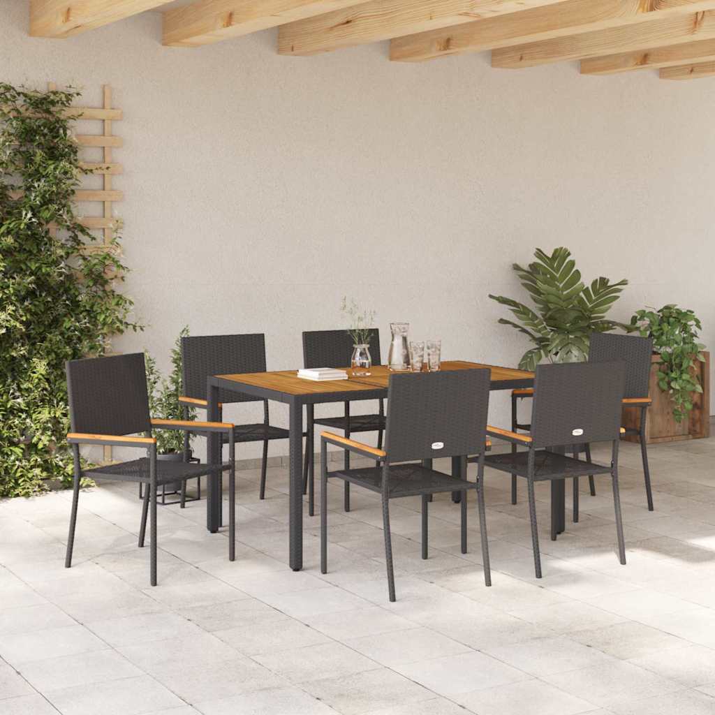 Set da Pranzo per Giardino 7 pcs Nero polyrattan