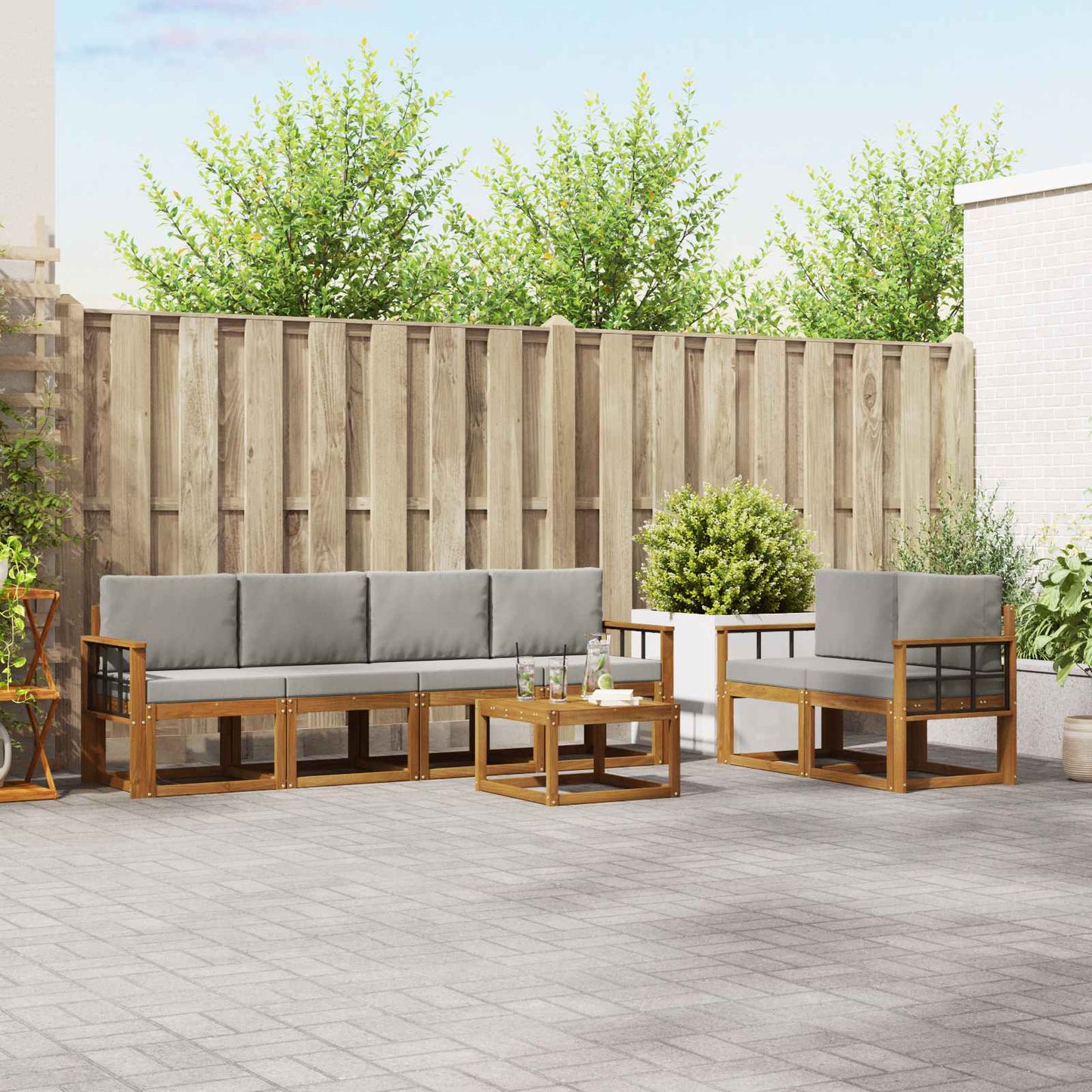 Set di divani da esterno 7 pcs Grigio Naturale e Chiaro