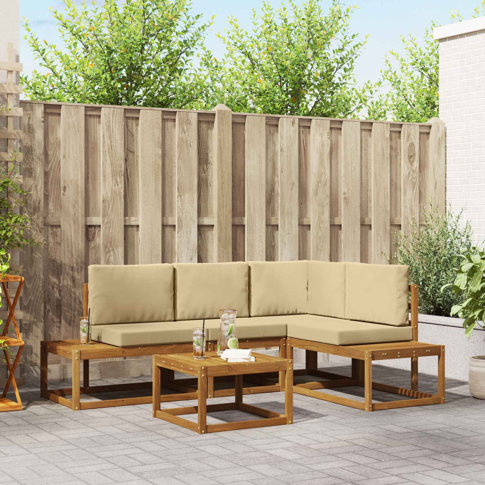 Set di divani da esterno con cuscino 5 Pezzo Naturale e Beige | homemem39