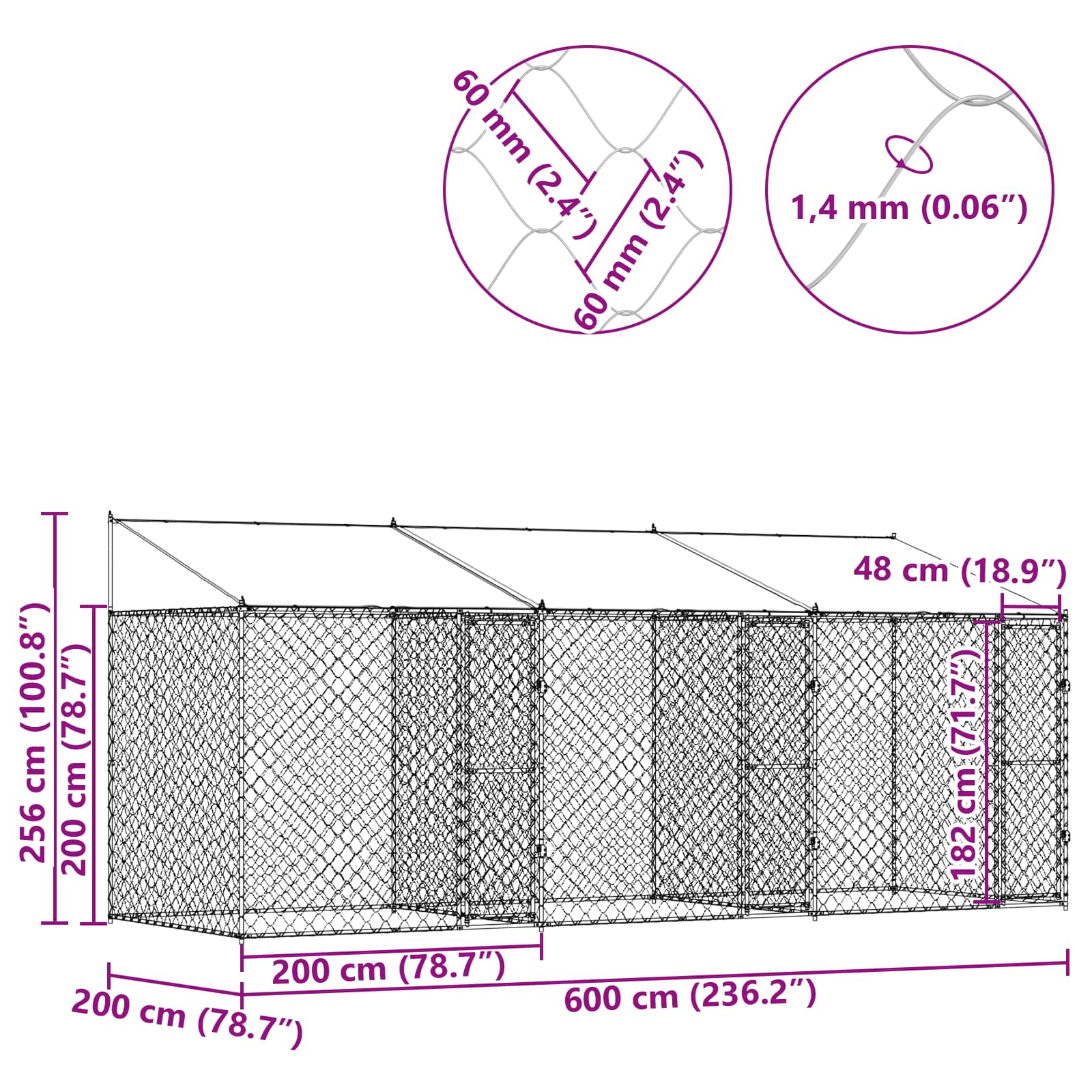 Gabbia per Cani con Tetto Argento 600 x 200 x 256 cm | homemem39