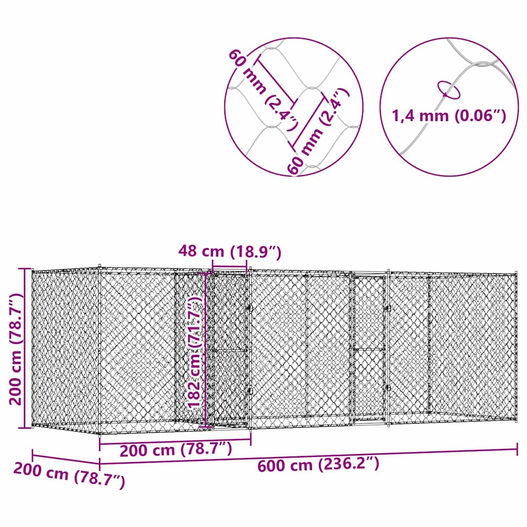Gabbia per cani Argento 600 x 200 x 200 cm Acciaio zincato