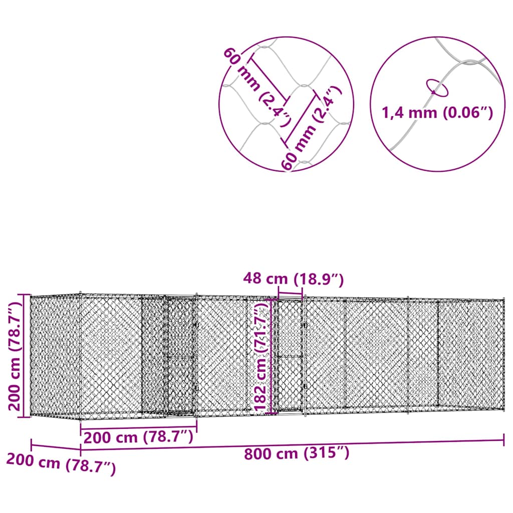 Gabbia per cani Argento 800 x 200 x 200 cm Acciaio zincato