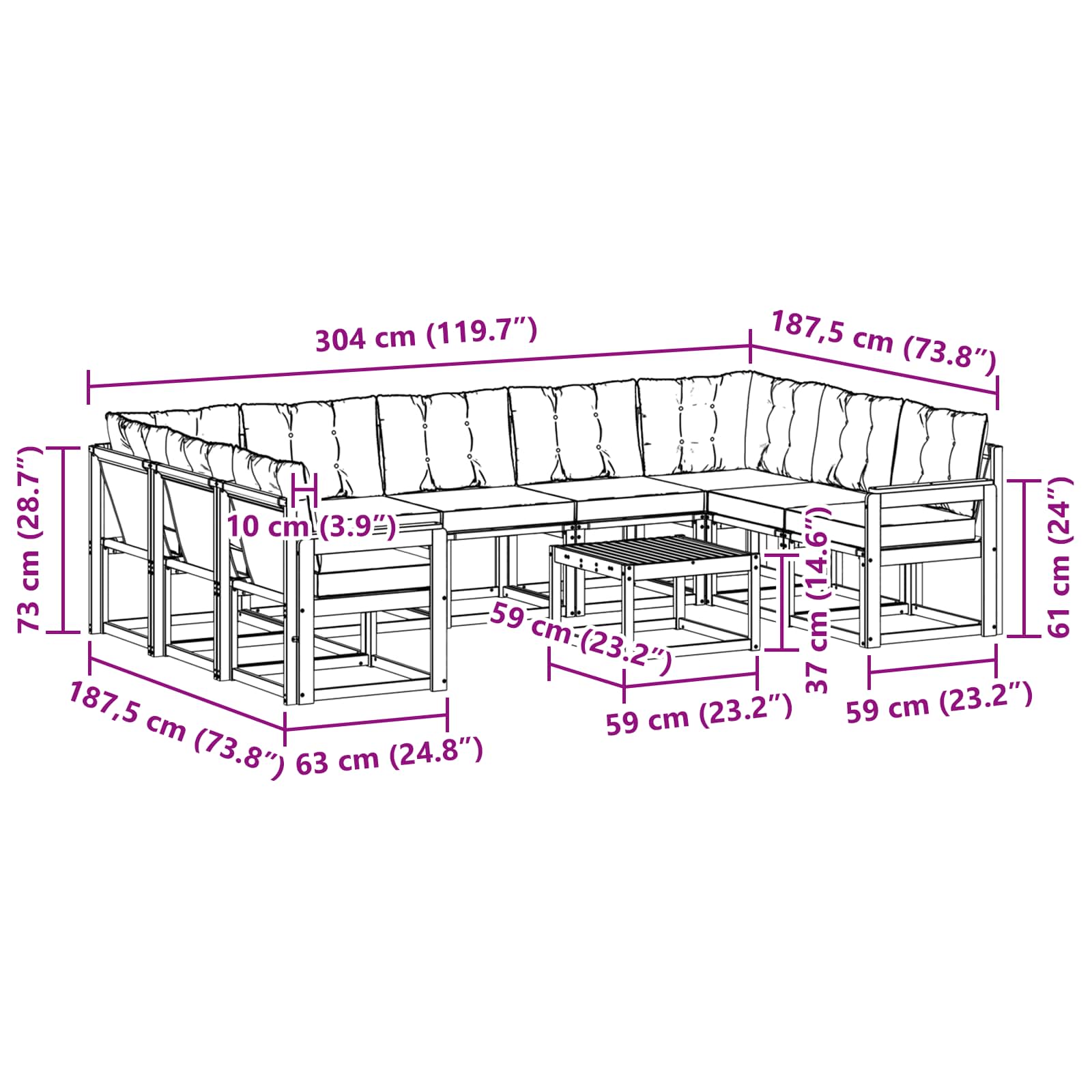 Set di divani da esterno con cuscino 10 pcs Naturale e Nero | homemem39