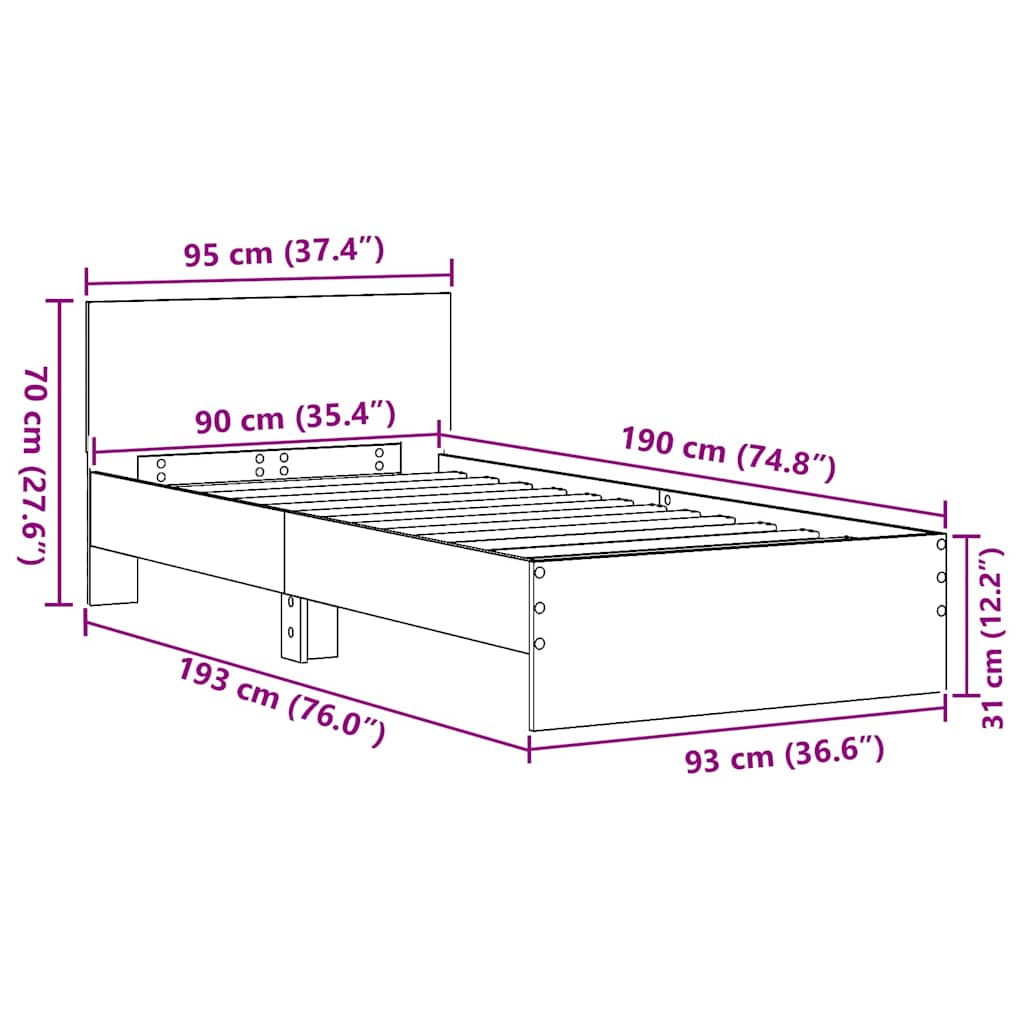 Struttura del letto Rovere Nero 90 x 190 cm Legno multistrato | homemem39
