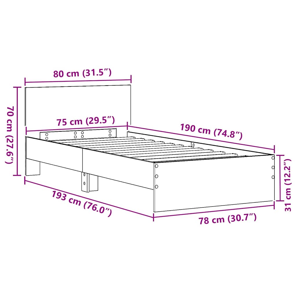 Struttura del letto Rovere Nero 75 x 190 cm Legno multistrato | homemem39