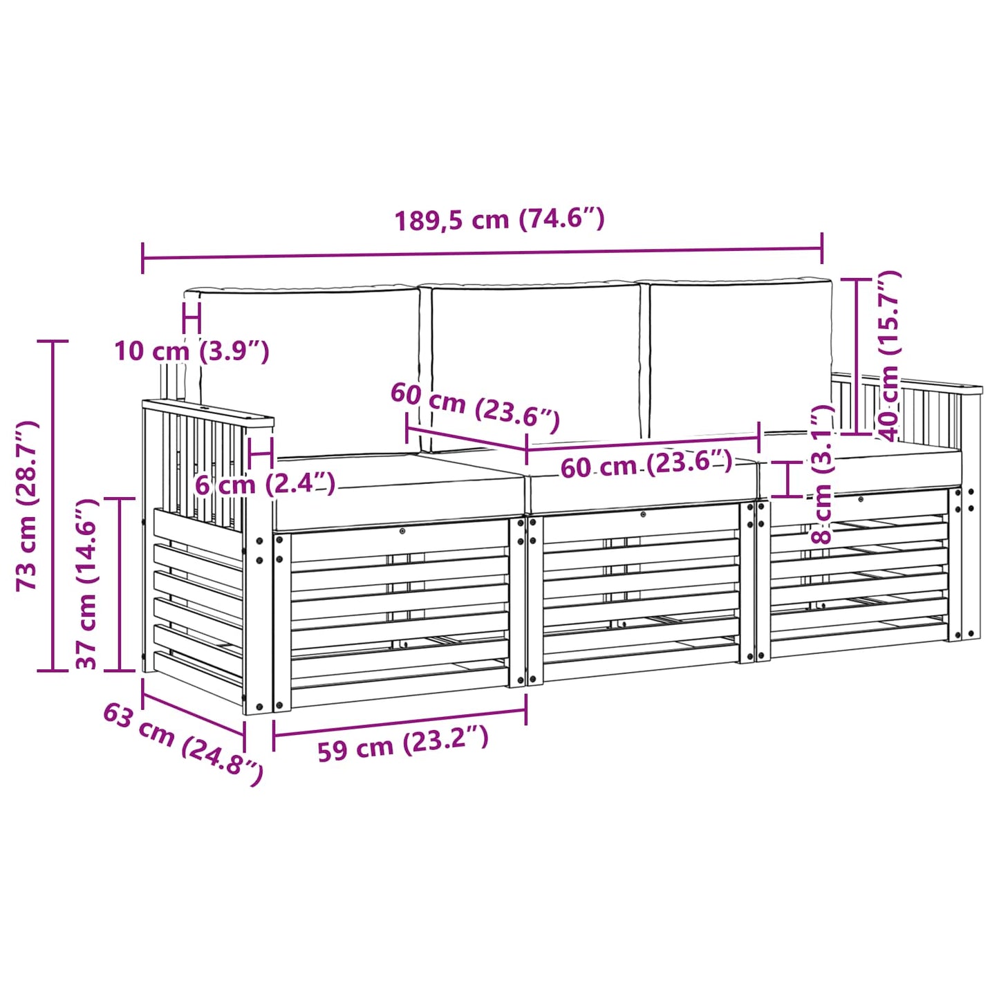 Set divani 3 pcs Naturale e Antracite Legno di Acacia Massello