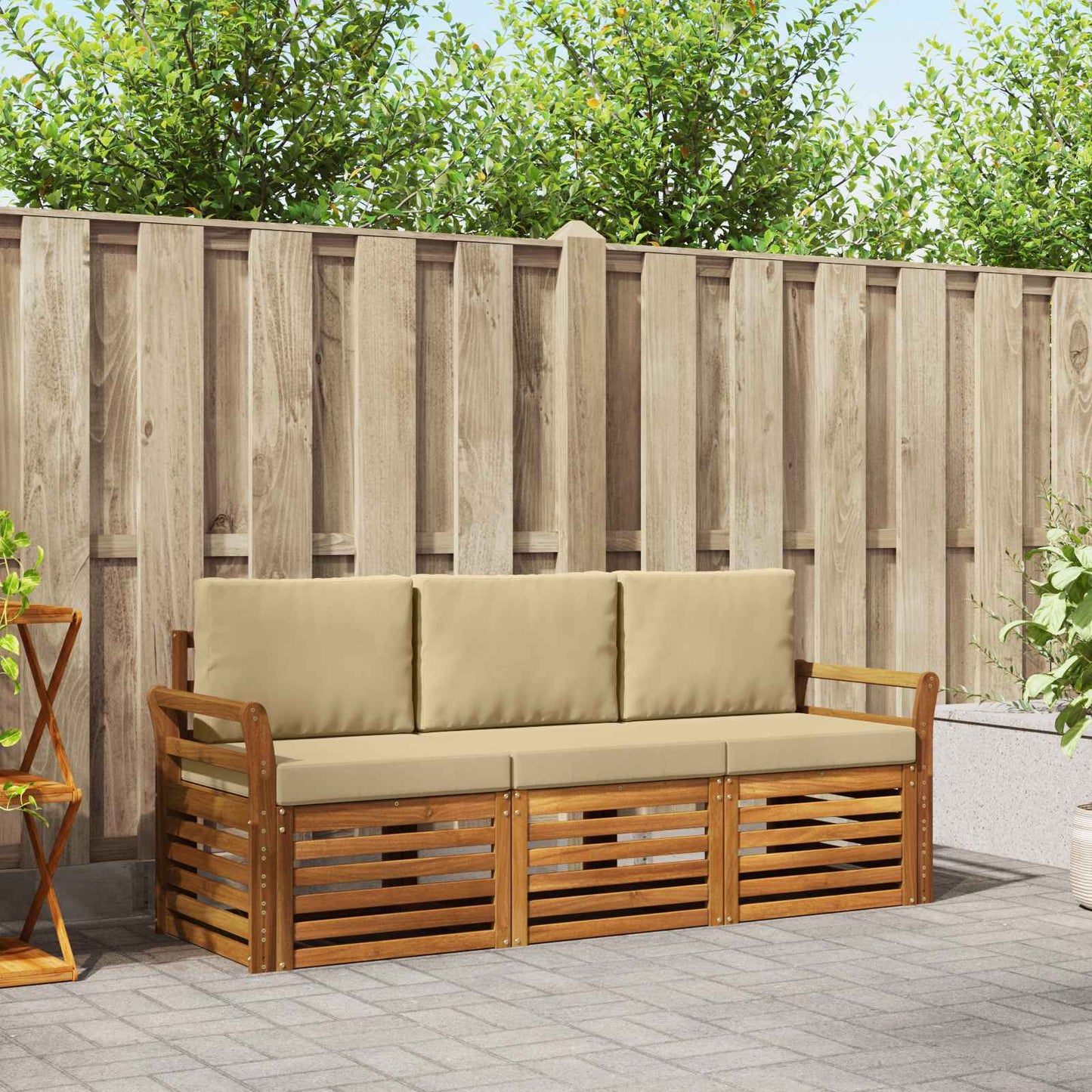 Set divani 3 pcs Naturale e Beige Legno di Acacia Massello