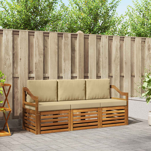 Set divani 3 pcs Naturale e Beige Legno di Acacia Massello