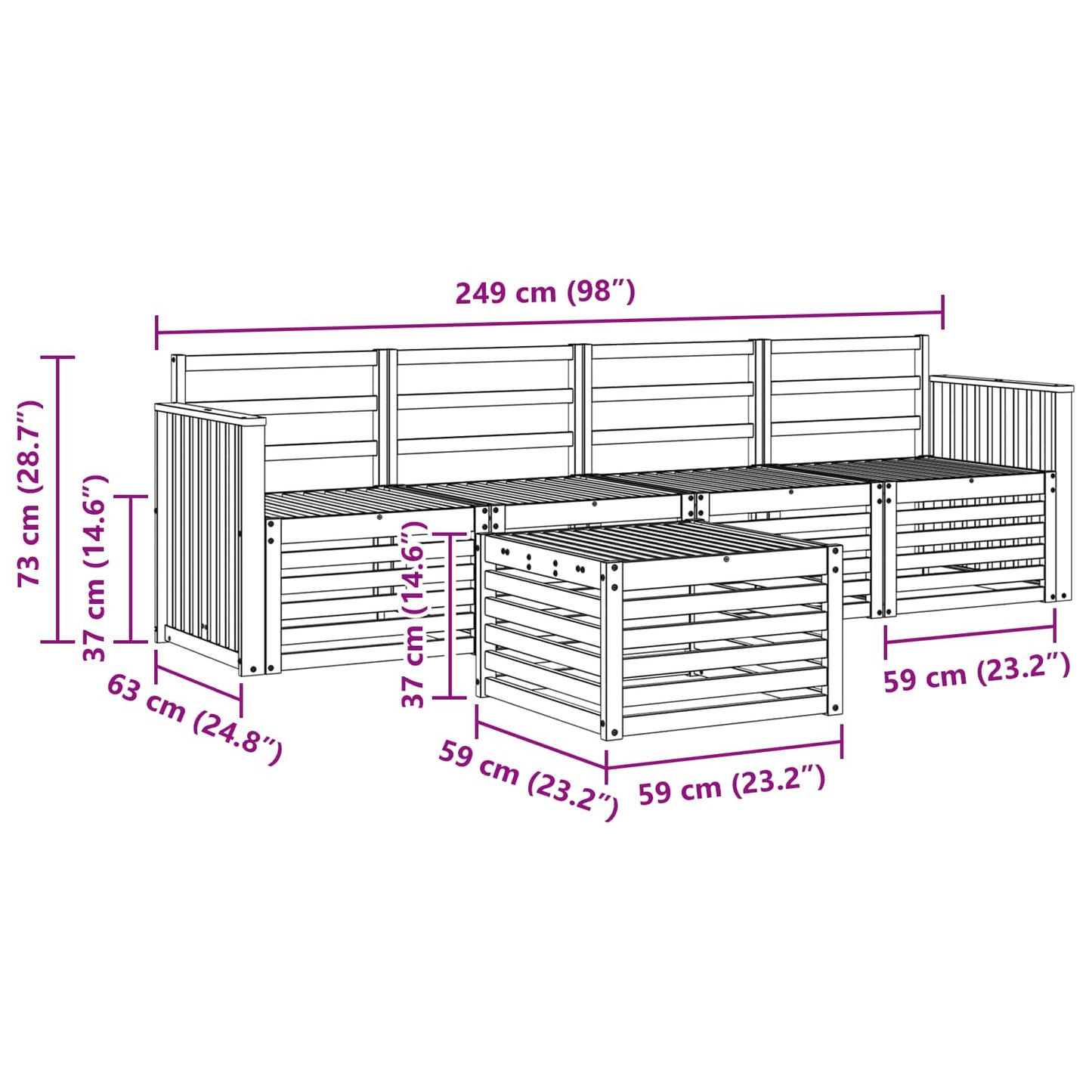 Set divani 5 pcs Naturale Legno di Acacia Massello