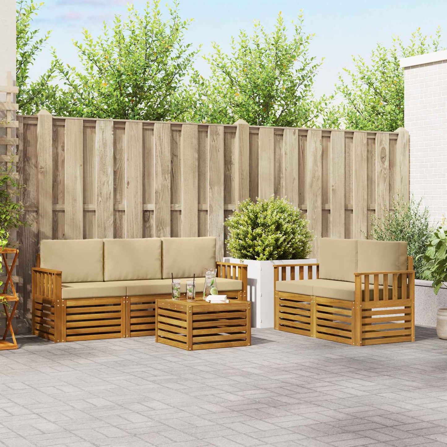 Set divani 6 pcs Naturale e Beige Legno di Acacia Massello
