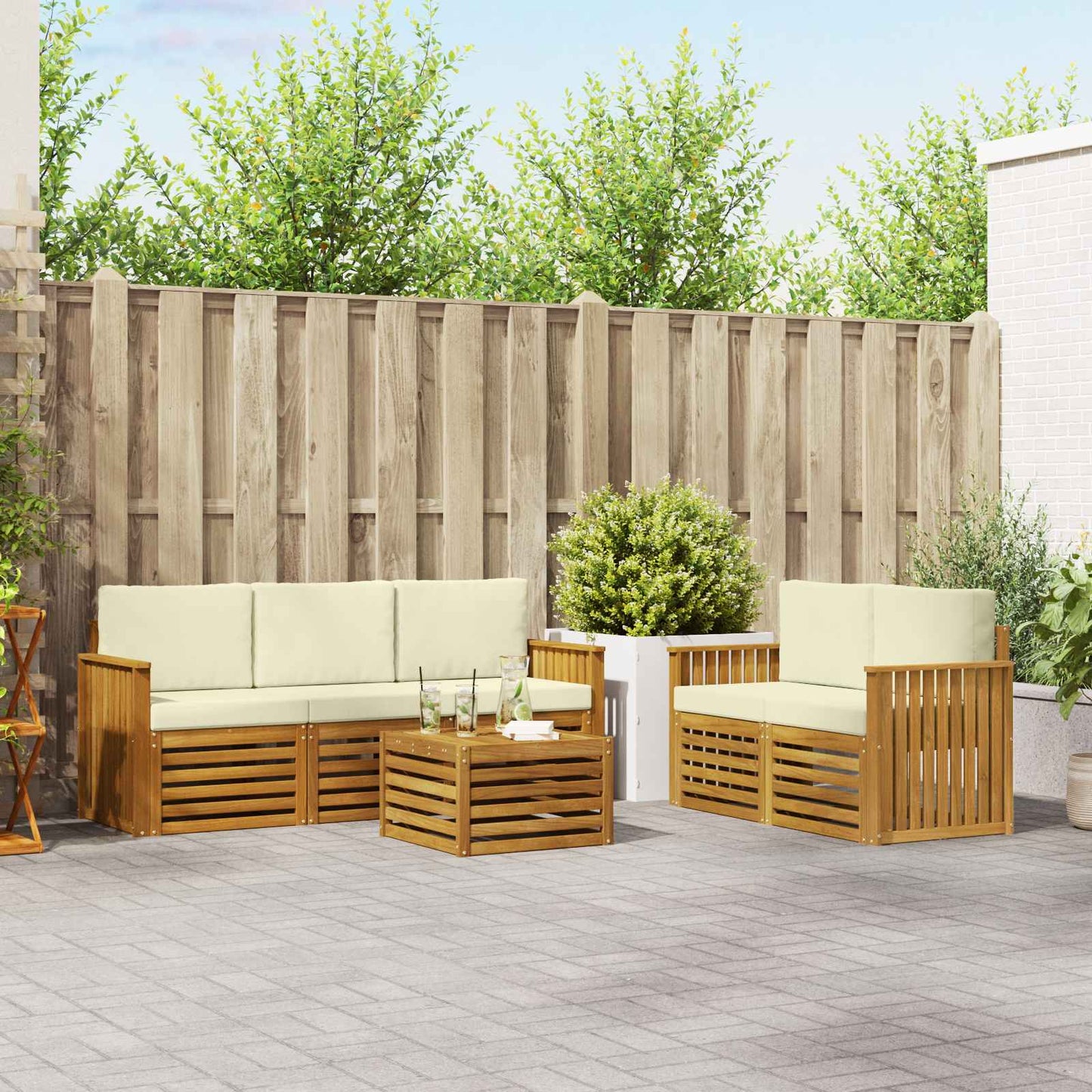 Set divani 6 pcs Naturale e Crema Legno di Acacia Massello