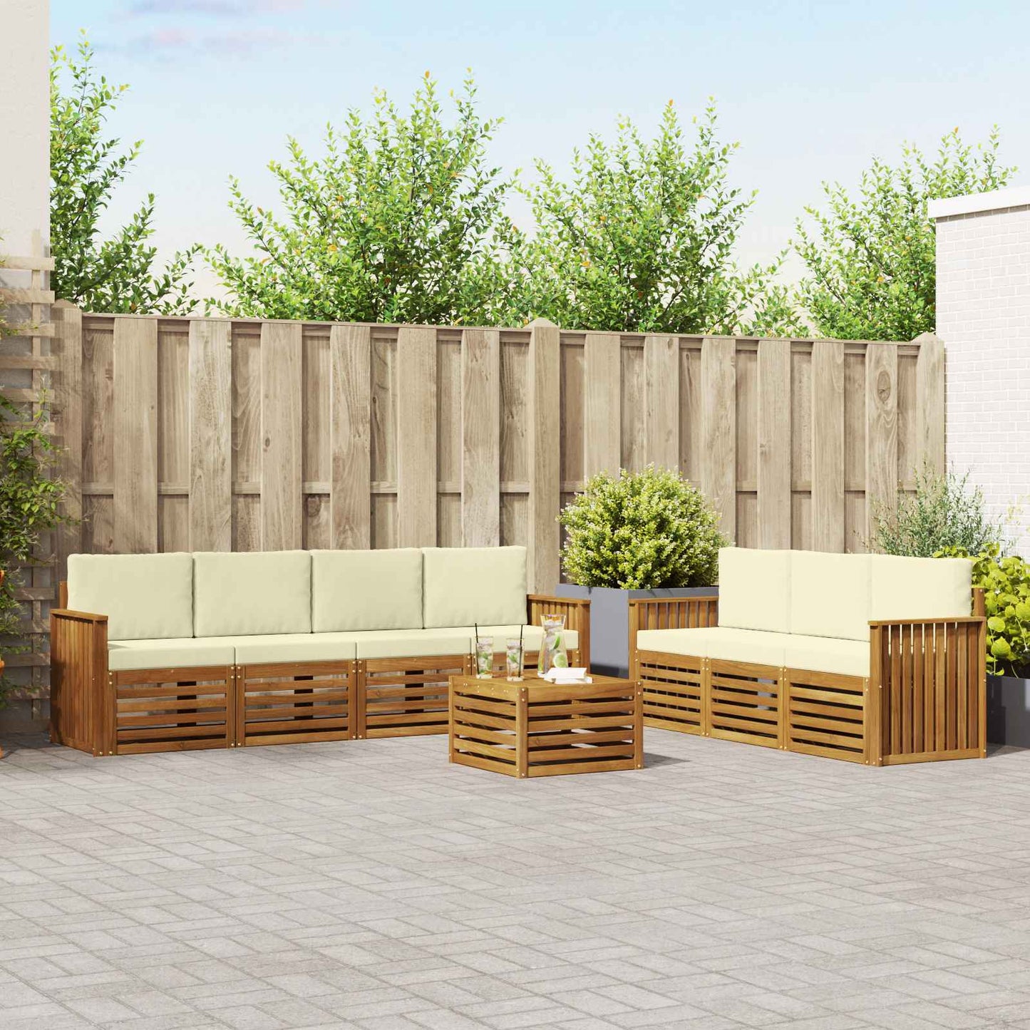 Set divani 8 pcs Naturale e Crema Legno di Acacia Massello